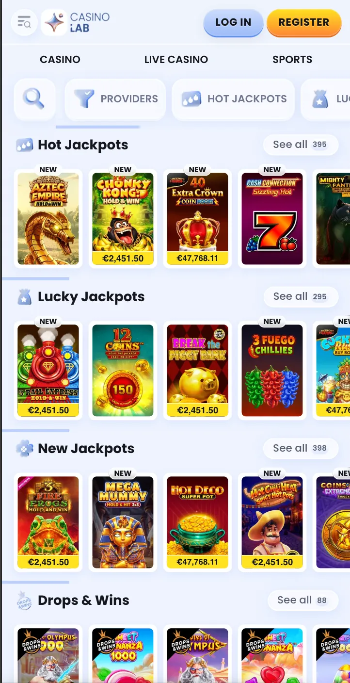 Widok mobilnej wersji strony internetowej kasyna Casinolab na ekranie telefonu
