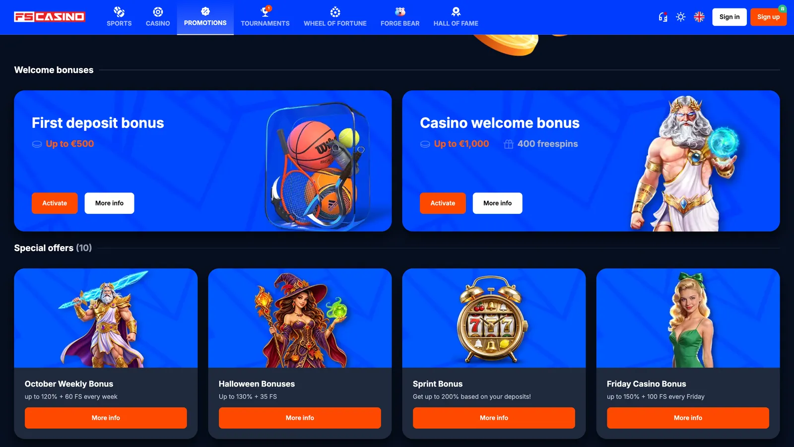 Podstrona promocji i bonusów dla graczy w kasynie internetowym FS Casino