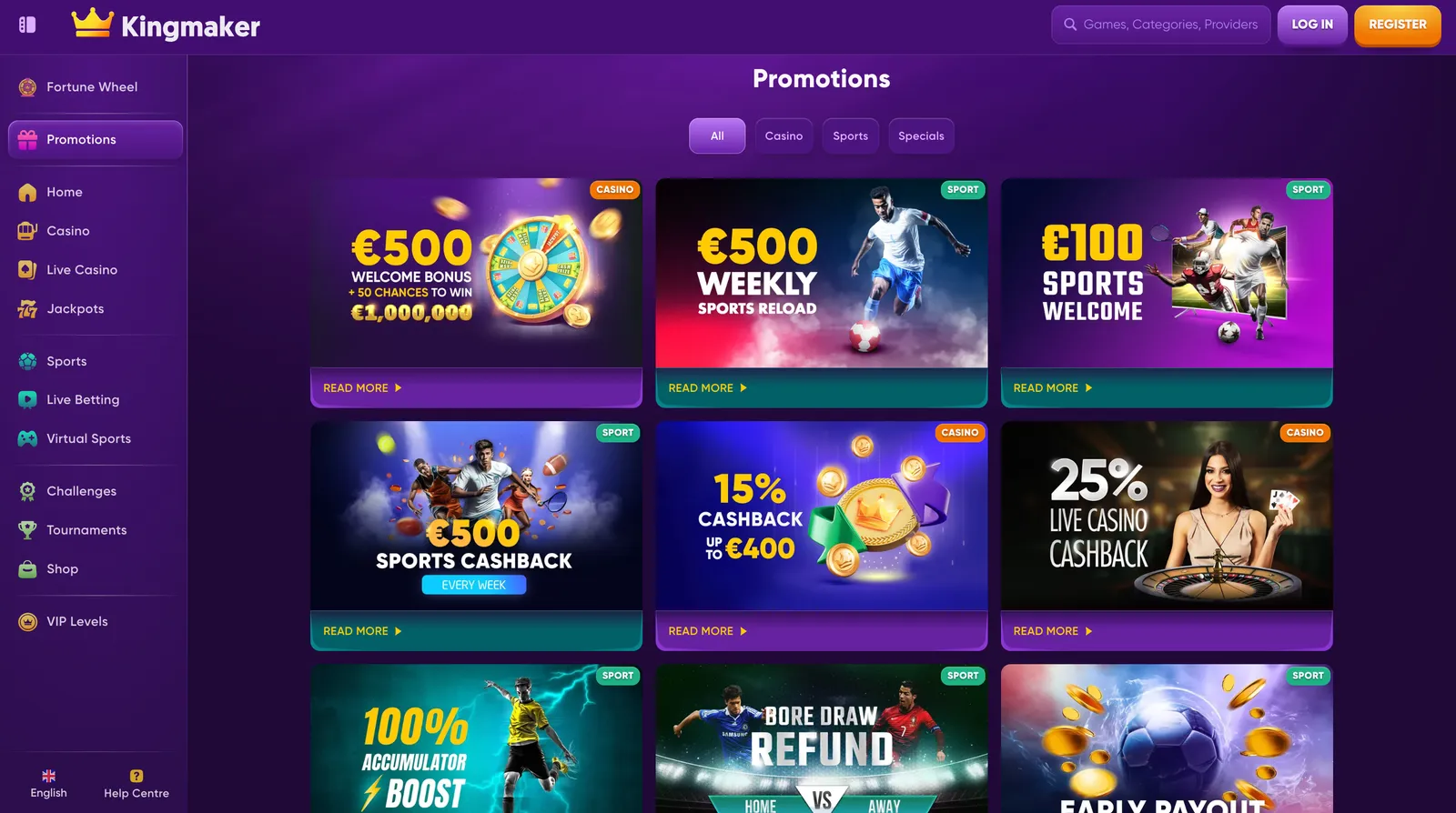 Widok strony promocji z ofertami powitalnymi i bonusami w kasynie Kingmaker