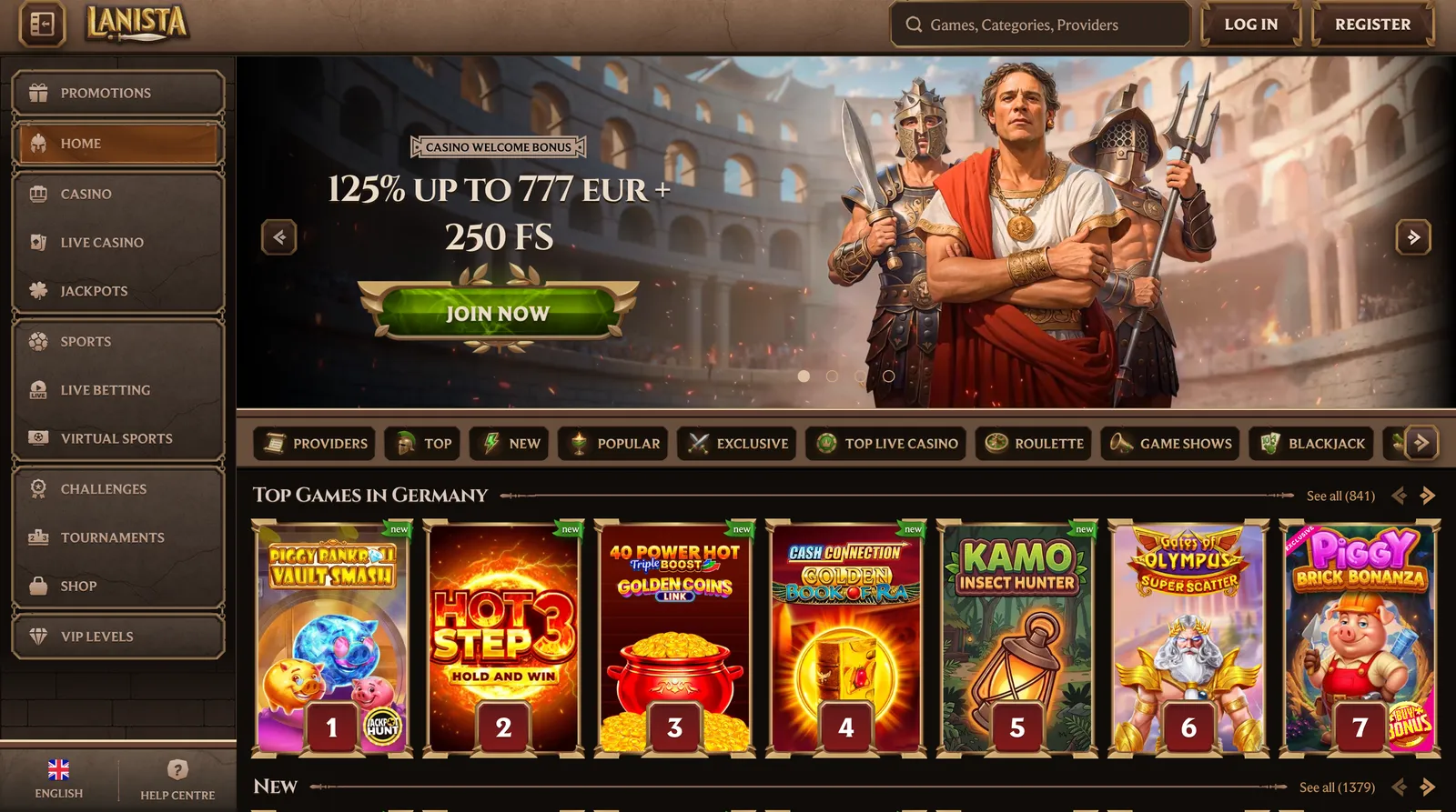 Strona główna kasyna Lanista z motywem gladiatorów oraz lobby popularnych gier hazardowych
