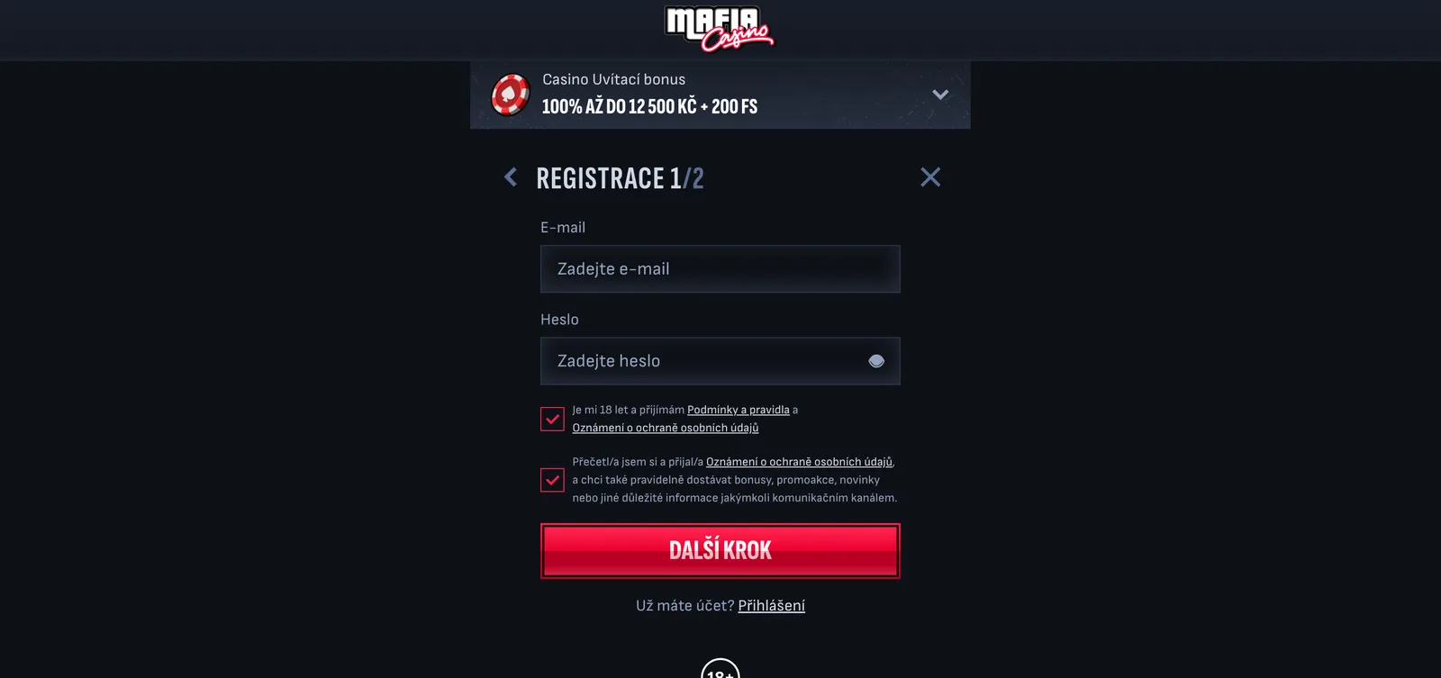 Pierwszy krok rejestracji w MafiaCasino z polami e-mail i hasło oraz bonusem