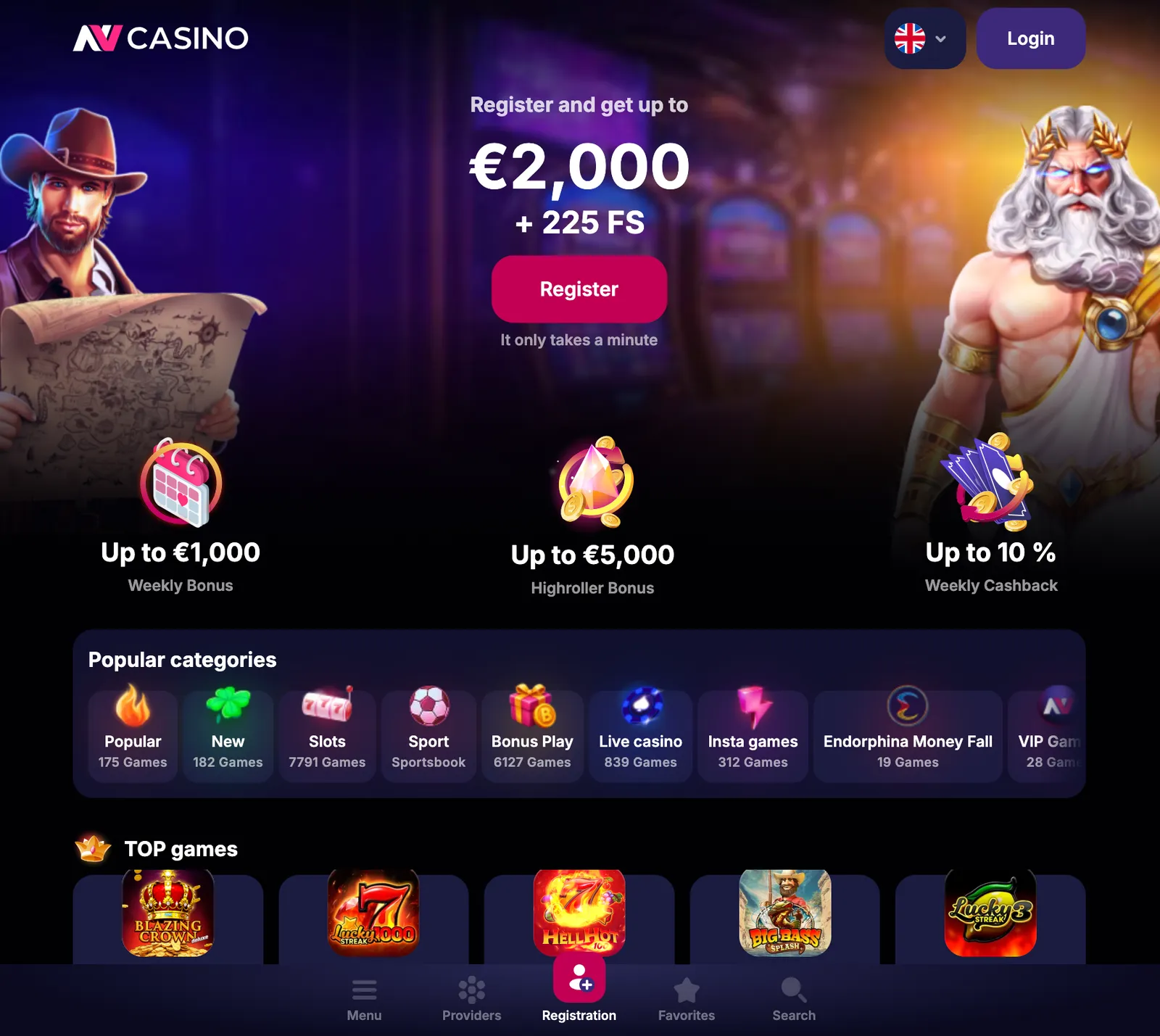 Strona główna serwisu NV Casino prezentująca lobby gier oraz banery promocyjne dla graczy