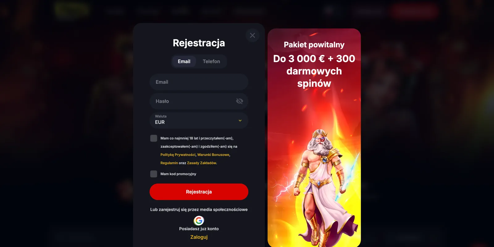 Formularz zakładania nowego konta gracza z wyborem waluty w Yep! Casino